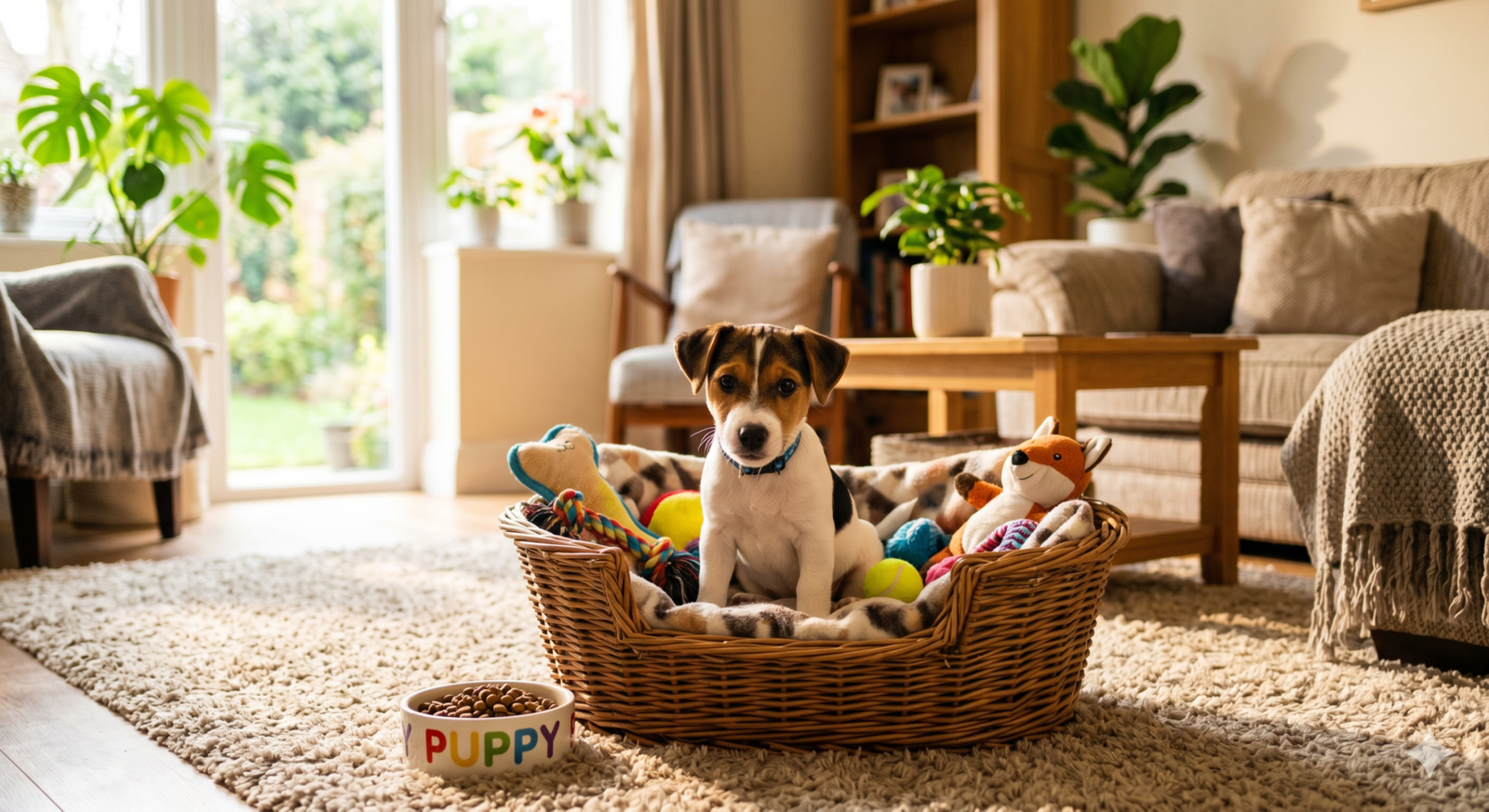 Primeiros Cuidados Essenciais para um Cachorro Saudável e Feliz 1 Filhote em cesta com brinquedos e ração