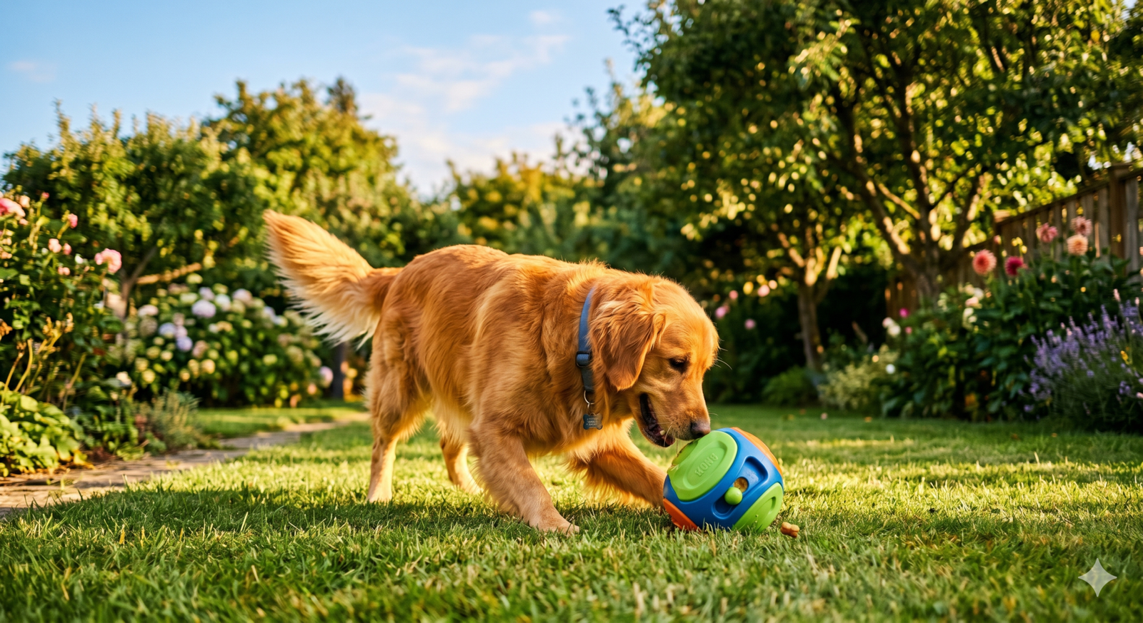Golden Retriever brincando em jardim com brinquedo interativo