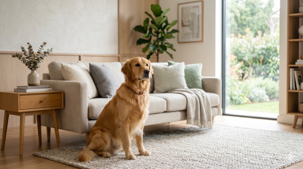 Golden Retriever em sala organizada