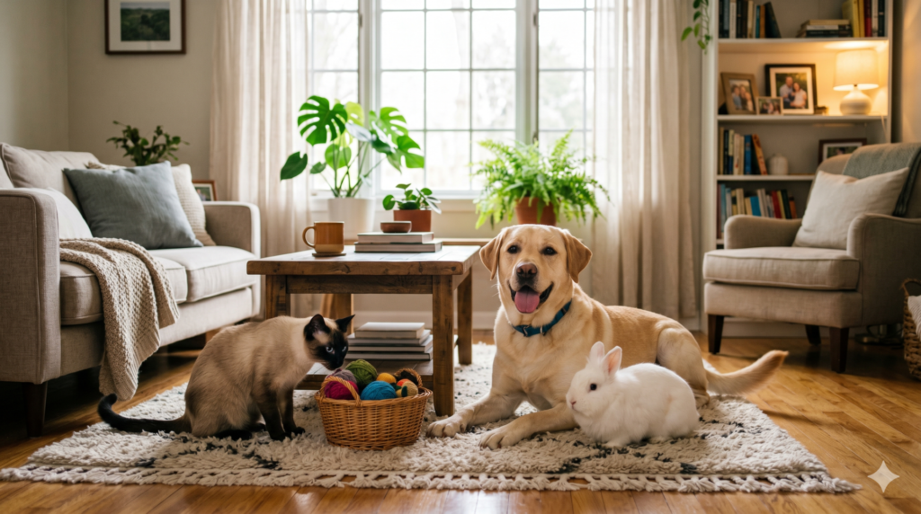Grupo de pets em ambiente familiar, transmitindo harmonia e acolhimento
