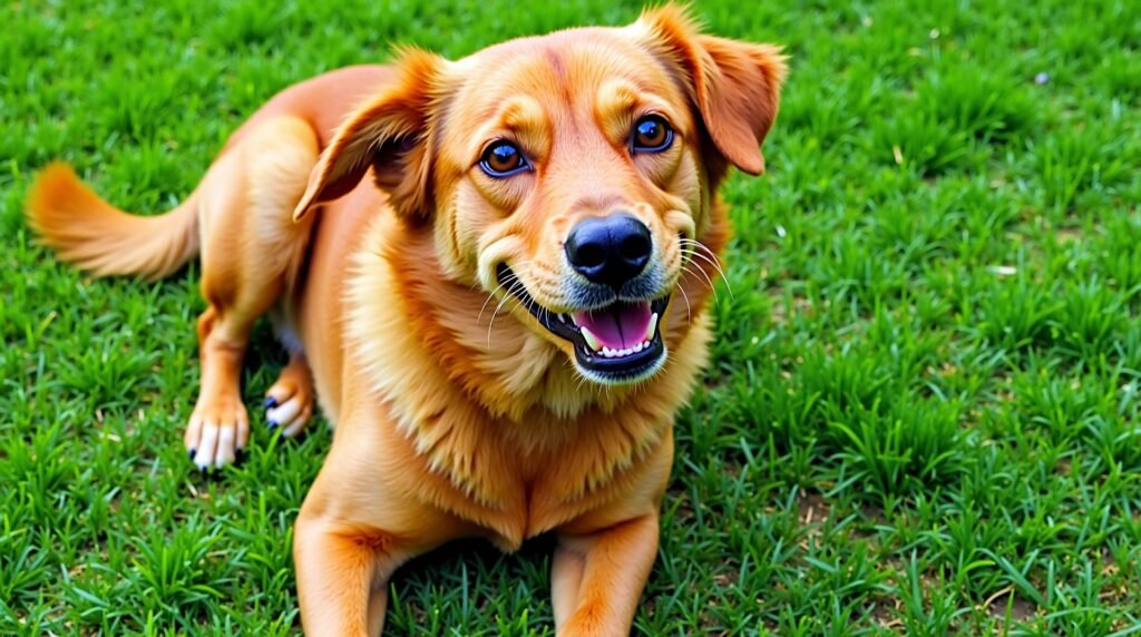 Imagem de um cachorro caramelo deitado em um gramado verde com expressao amigav 1778033785
