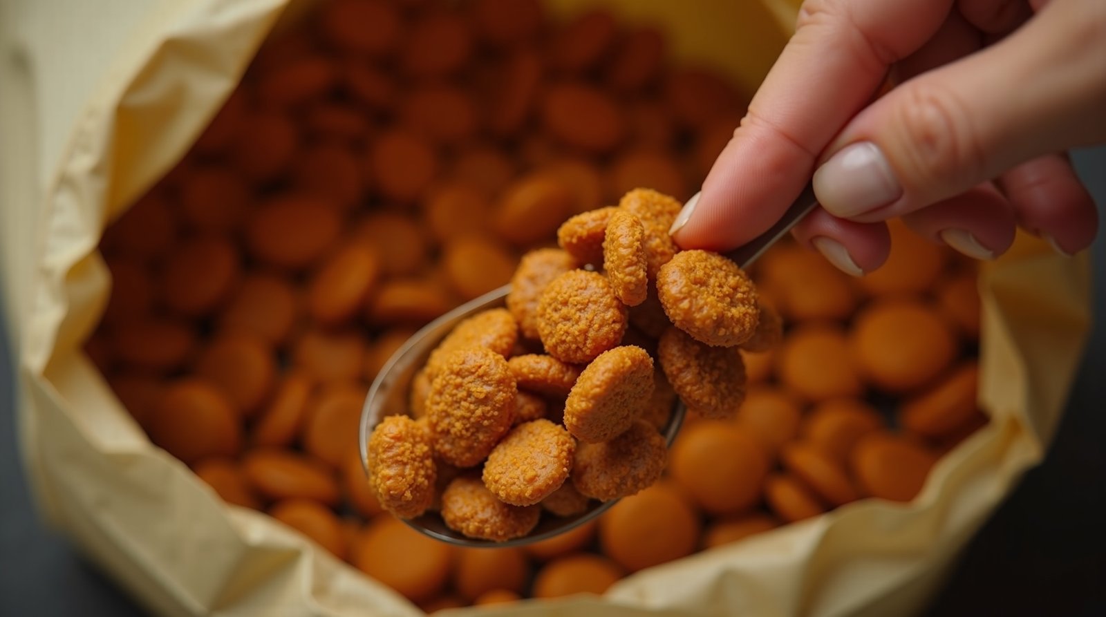 Tendências Emergentes na Alimentação dos Gatos: Atualize-se 2 Imagem de um saco de ração seca aberto com uma mão feminina pegando uma porção. O foco está na qualidade visual dos grãos de ração, destacando texturas e cores.