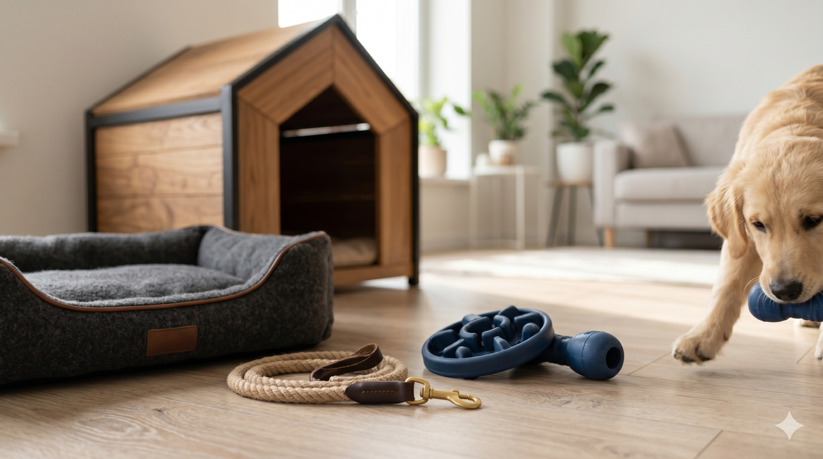 Casinha de cachorro de madeira com acessórios premium e brinquedos resistentes organizados no chão, destacando o investimento inicial em itens duráveis.