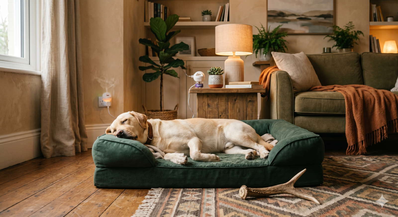 Labrador relaxado com mordedor natural e difusor