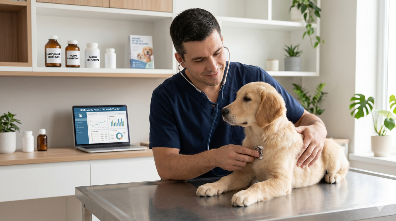 Veterinário profissional examinando um cão de forma tranquila em um consultório moderno e iluminado, representando os custos preventivos de saúde pet