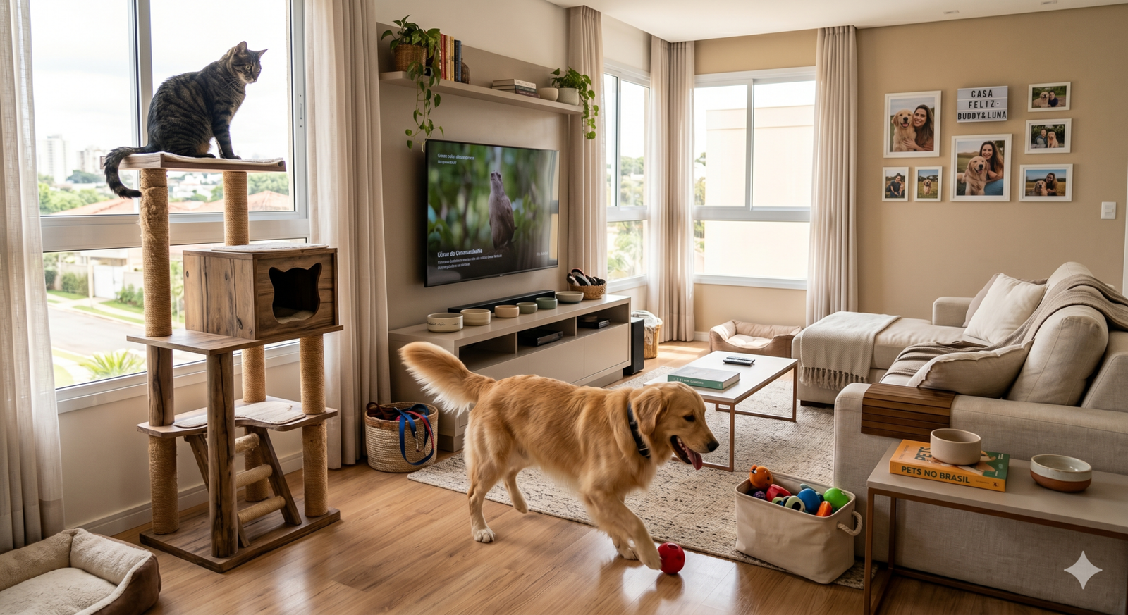Prepare-se: Tudo o que você precisa saber antes de adotar um pet 3 Sala de estar com cão e gato em ambiente adaptado