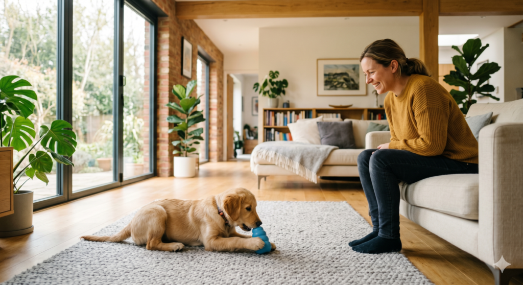 Tutor observando cão brincando em casa moderna.