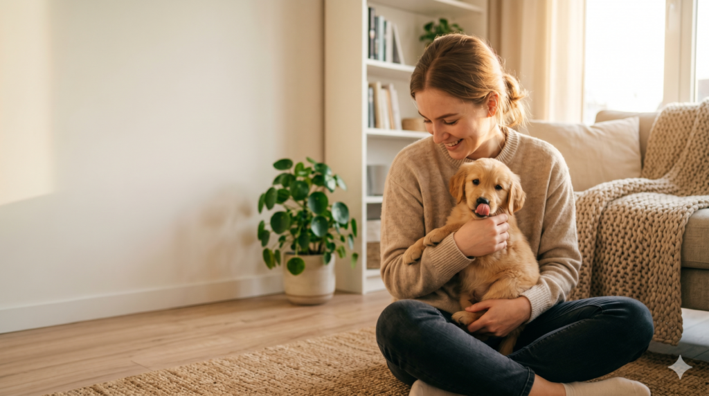 Tutor sorrindo e abraçando filhote de cachorro pequeno em uma sala de estar aconchegante e iluminada, simbolizando o cuidado com o primeiro pet
