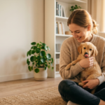 Tutor sorrindo e abraçando filhote de cachorro pequeno em uma sala de estar aconchegante e iluminada, simbolizando o cuidado com o primeiro pet