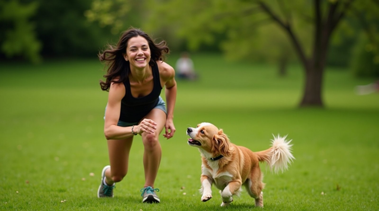 Um dono brincando de buscar com seu cachorro em um parque verde e iluminado, capturando a alegria e o envolvimento de ambos.
