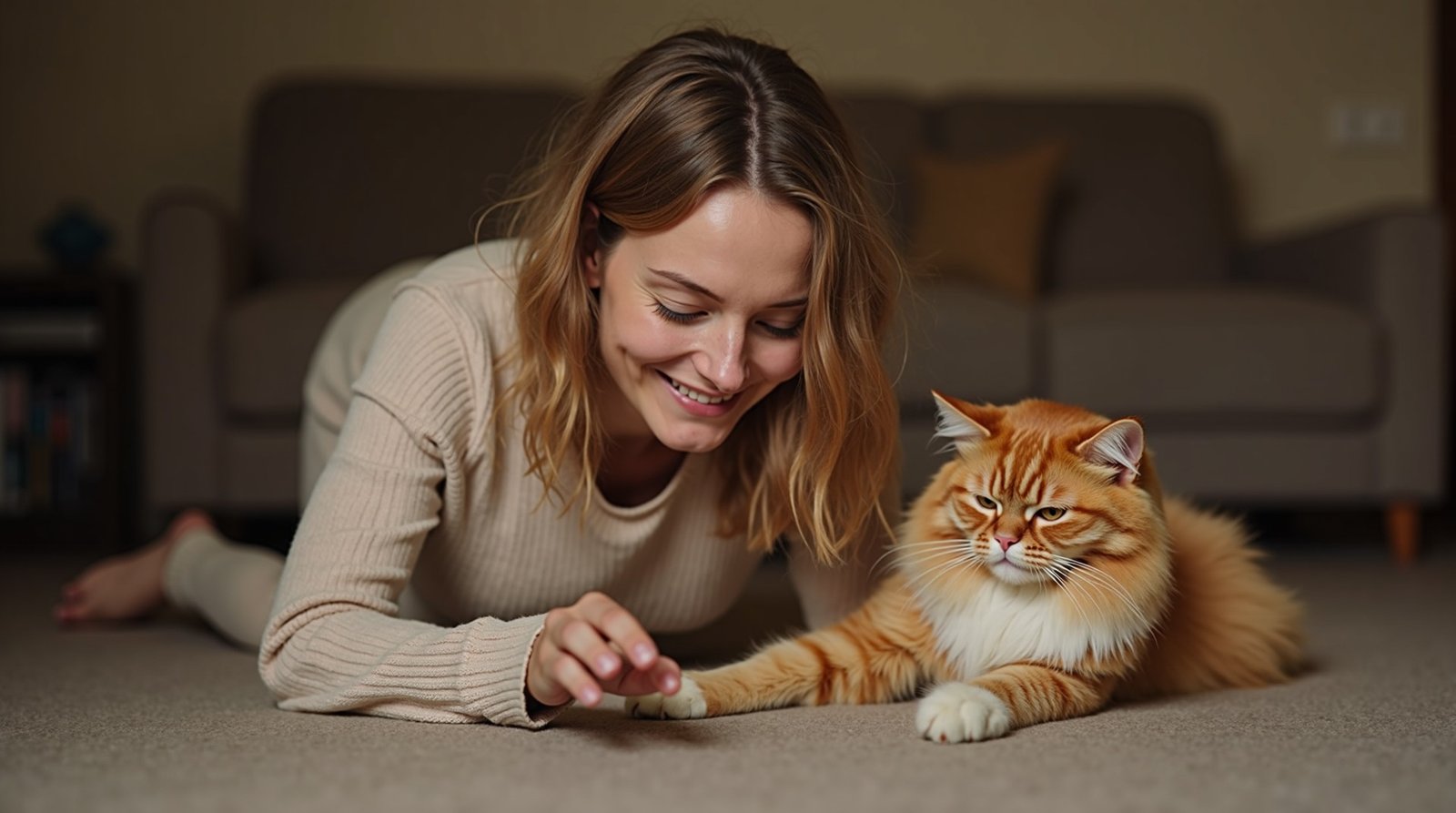 Dono interagindo com cachorro e gato em casa