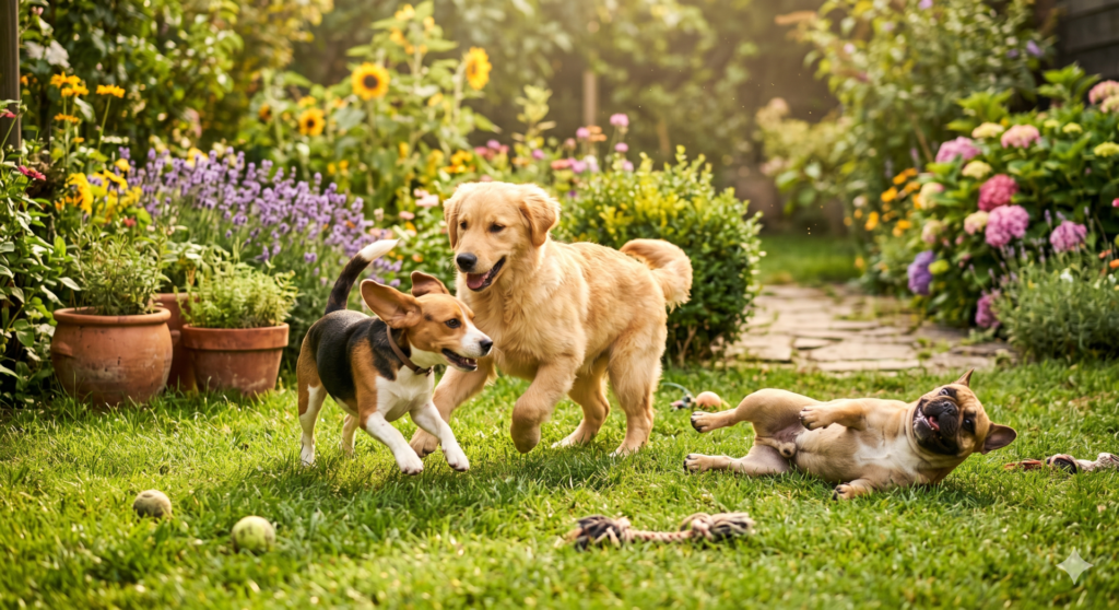 Vários cães brincando em jardim ensolarado