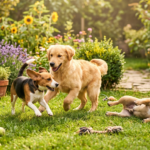 Vários cães brincando em jardim ensolarado