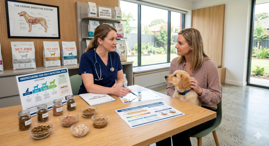 Escolhendo a Ração Perfeita: O Guia Moderno de Alimentação Canina 3 Veterinário discutindo opções de ração com tutor