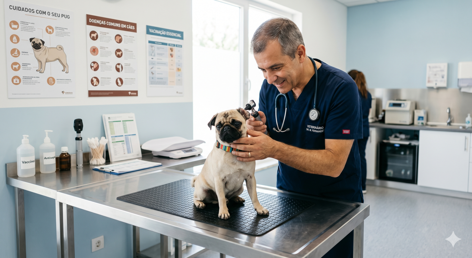 Seu Primeiro Pet: Como Evitar Erros Comuns e Criar Laços Fortes 2 Veterinário examinando Pug em clínica