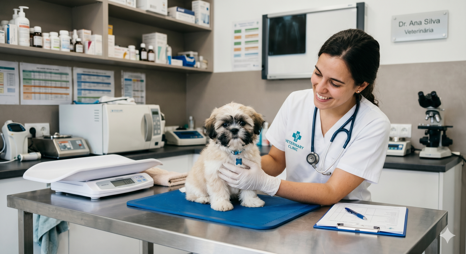 Primeiros Cuidados Essenciais para um Cachorro Saudável e Feliz 3 Veterinário examinando filhote de shih tzu