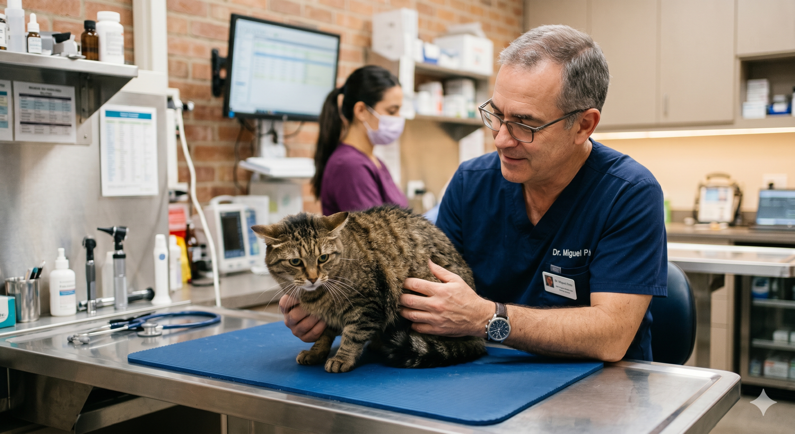 Veterinário examinando gato com sinais de dor