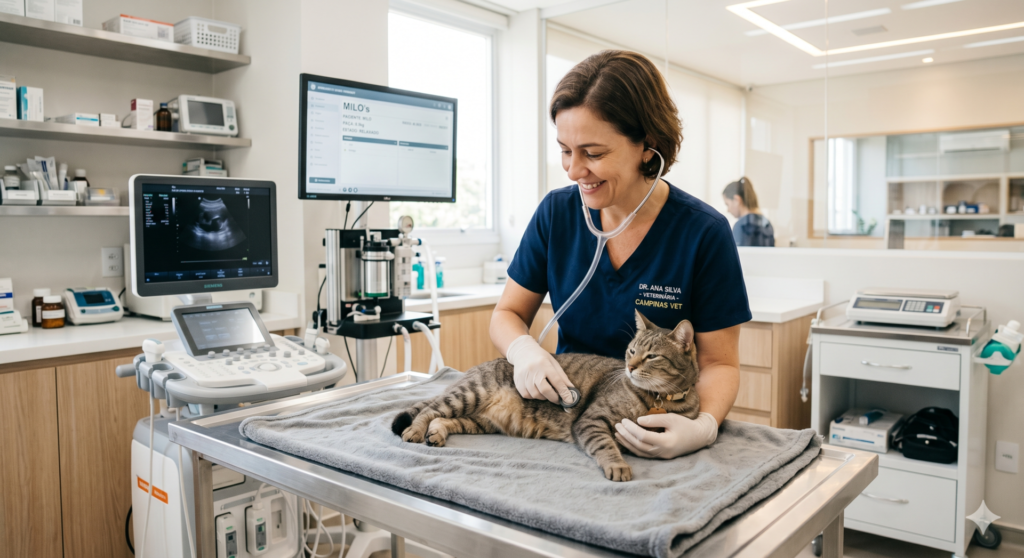 Por Que Os Cuidados Básicos São Cruciais Para a Saúde do Seu Pet 2 Veterinário examinando gato em clínica moderna
