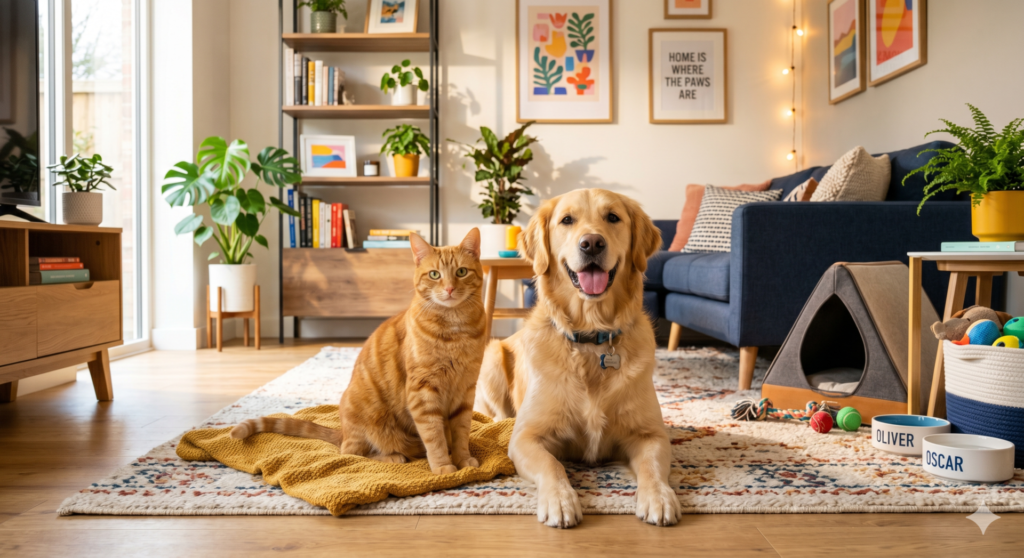 Gato e cachorro felizes em ambiente doméstico