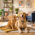 Gato e cachorro felizes em ambiente doméstico