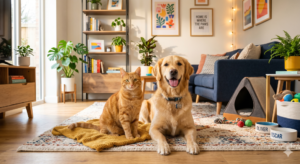 Gato e cachorro felizes em ambiente doméstico