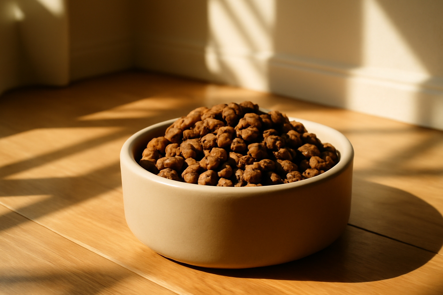 Transforme a Alimentação do Seu Pet com Rações de 15kg Acessíveis 3 Close-up de uma tigela de ração para cachorro cheia de grãos em um quarto ensolarado com sombras naturais.