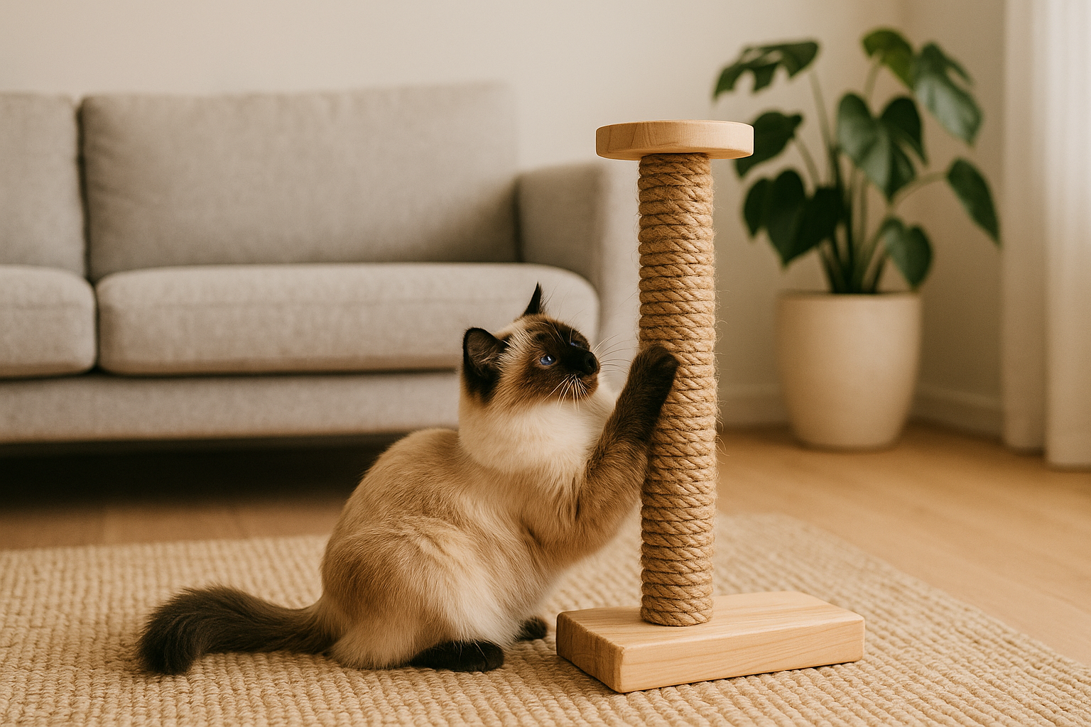 Gato de estimação brincando com arranhador de madeira rústica em uma sala de estar moderna e iluminada