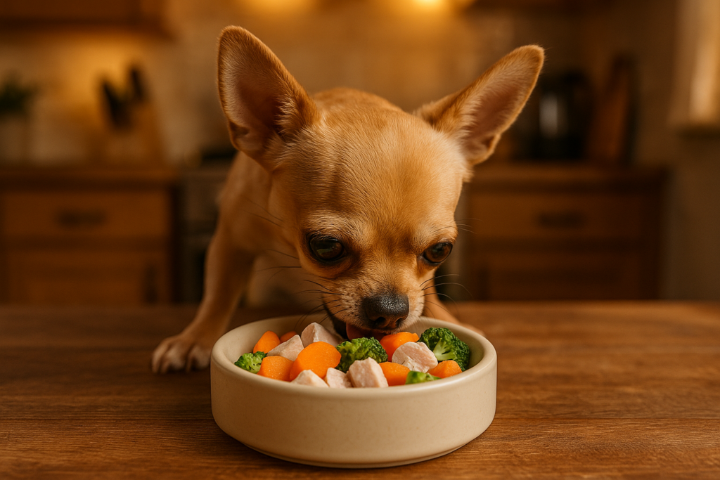 um cachorro pequeno como um chihuahua comendo co 1779154181
