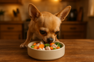 um cachorro pequeno como um chihuahua comendo co 1779154181