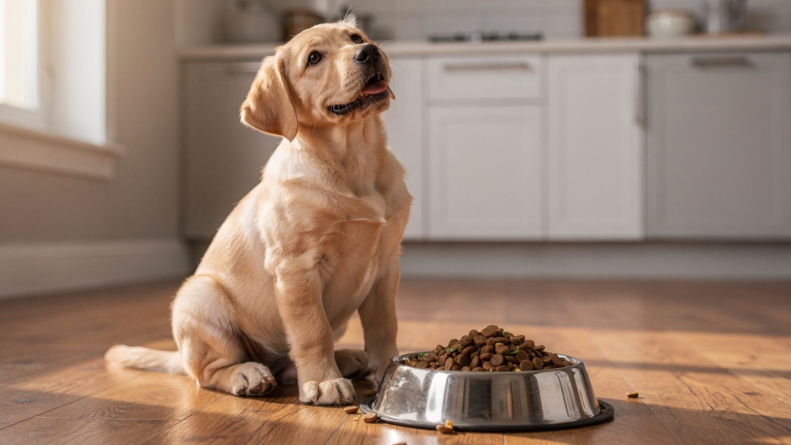 Transforme a saúde do seu pet com a ração ideal 2 Um cão Labrador filhote em um ambiente doméstico acolhedor, sentado ao lado de uma tigela de ração super premium, com expressão curiosa e feliz. A iluminação é suave, de uma janela próxima, destacando a pelagem dourada do cão. Na mesa, ao fundo, uma decoração de cozinha moderna com tons neutros.