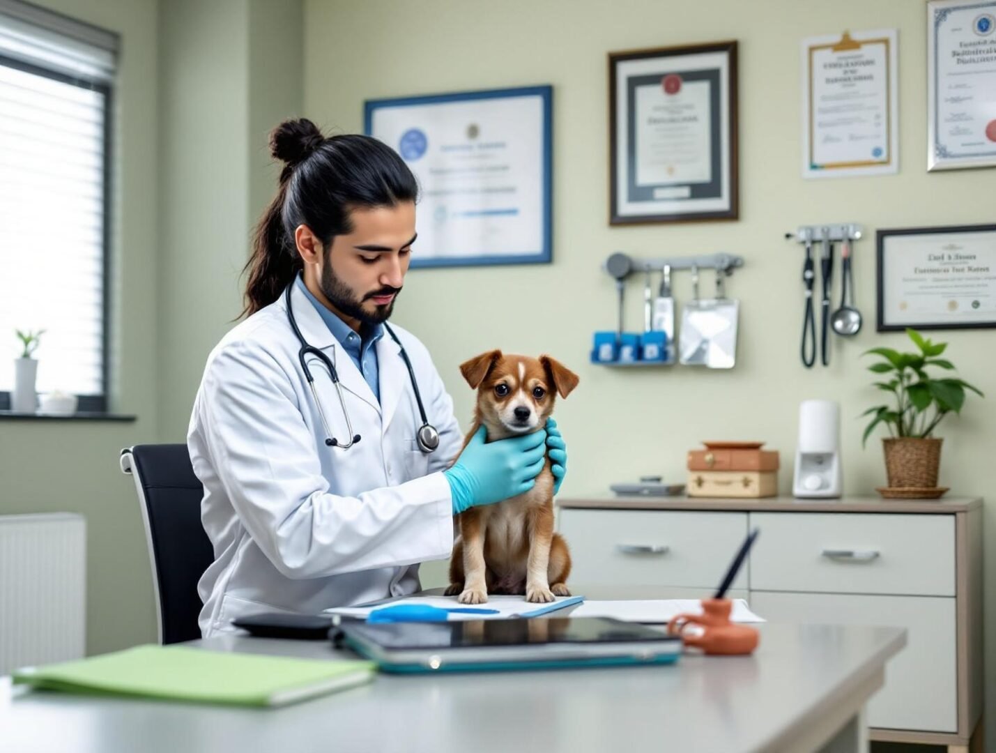 Um consultório veterinário bem equipado, com paredes decoradas com diplomas e cartazes educativos. Um veterinário jovem, de etnia asiática, está examinando um cachorro pequeno sobre a mesa de exame. A iluminação é clara e focada, destacando a atenção e o cuidado no exame. A paleta de cores é composta por azuis e verdes suaves. A imagem é capturada em um estilo realista, com nitidez em todos os detalhes. 