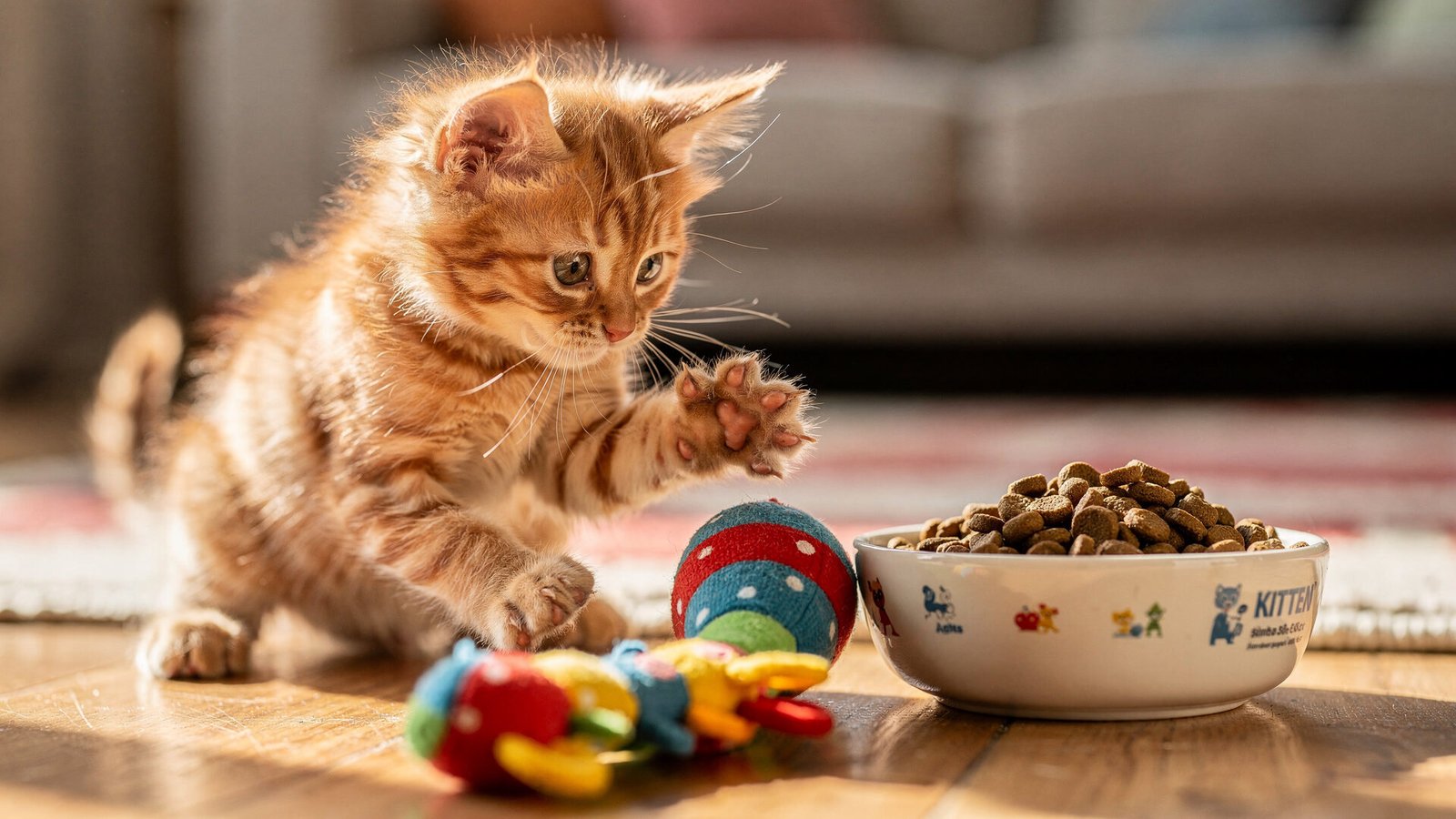 Como as Melhores Rações Estão Melhorando a Vida dos Gatos 3 Um gato filhote brincando com um brinquedo colorido, ao lado de uma tigela com ração específica para filhotes. A imagem deve capturar a energia e vitalidade do filhote, com um fundo desfocado de um ambiente seguro e acolhedor.