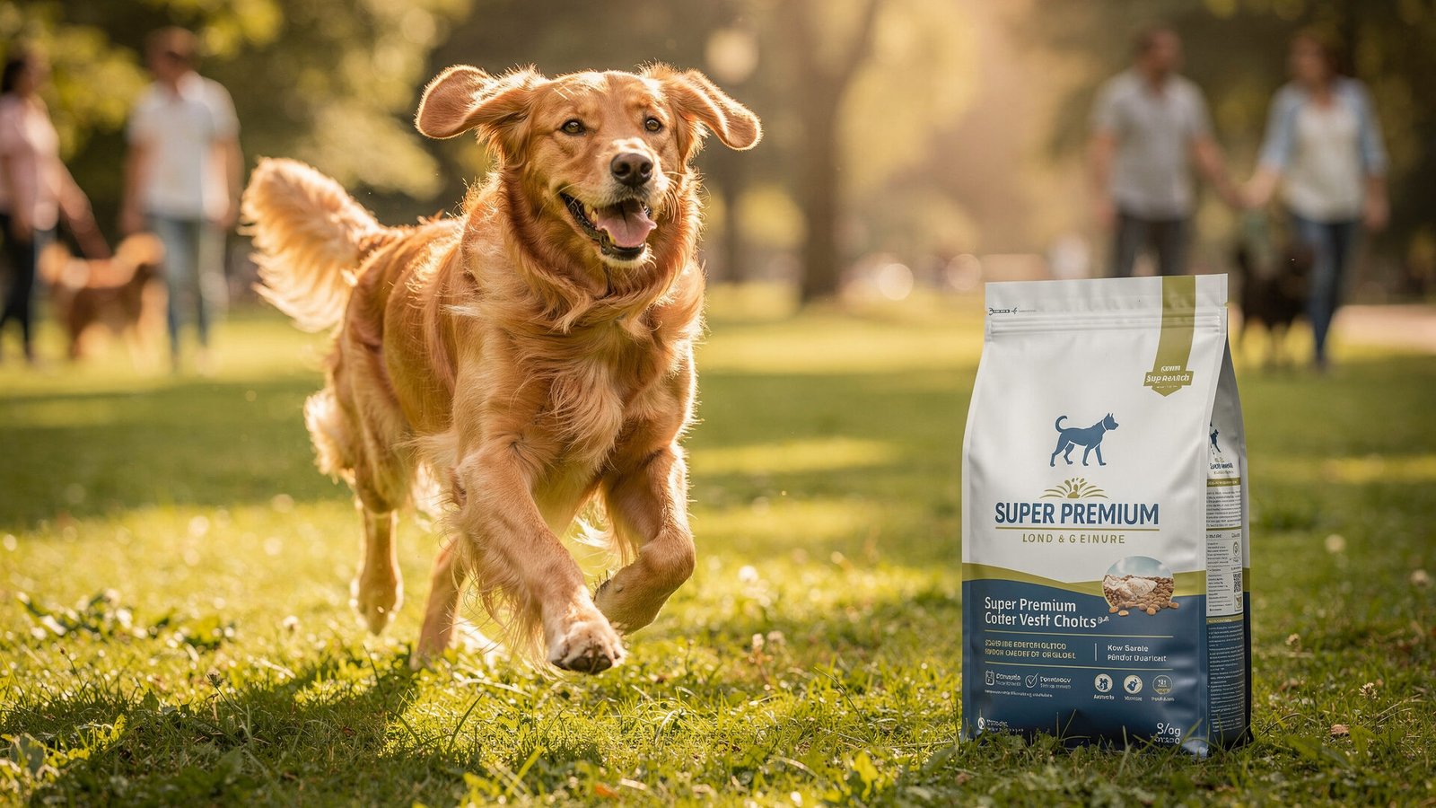 Transforme a saúde do seu pet com a ração ideal 3 Um Golden Retriever adulto em um parque ensolarado, correndo feliz com expressão de alegria. A ração super premium é enfatizada por uma embalagem ao lado do cão, como se fosse parte da cena. O fundo desfocado mostra outras pessoas passeando com seus cães, criando uma sensação de comunidade e bem-estar.