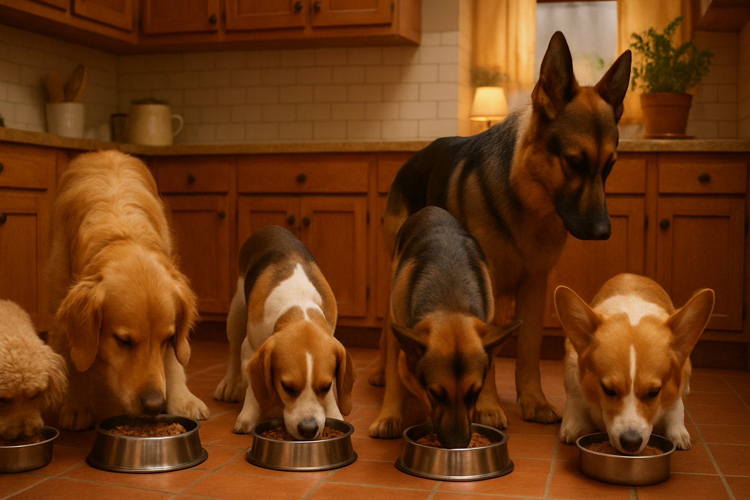 Transforme a Alimentação do Seu Pet com Rações de 15kg Acessíveis 2 Um grupo de cães de diversas raças comendo avidamente em suas tigelas em uma cozinha aconchegante e com tons quentes.