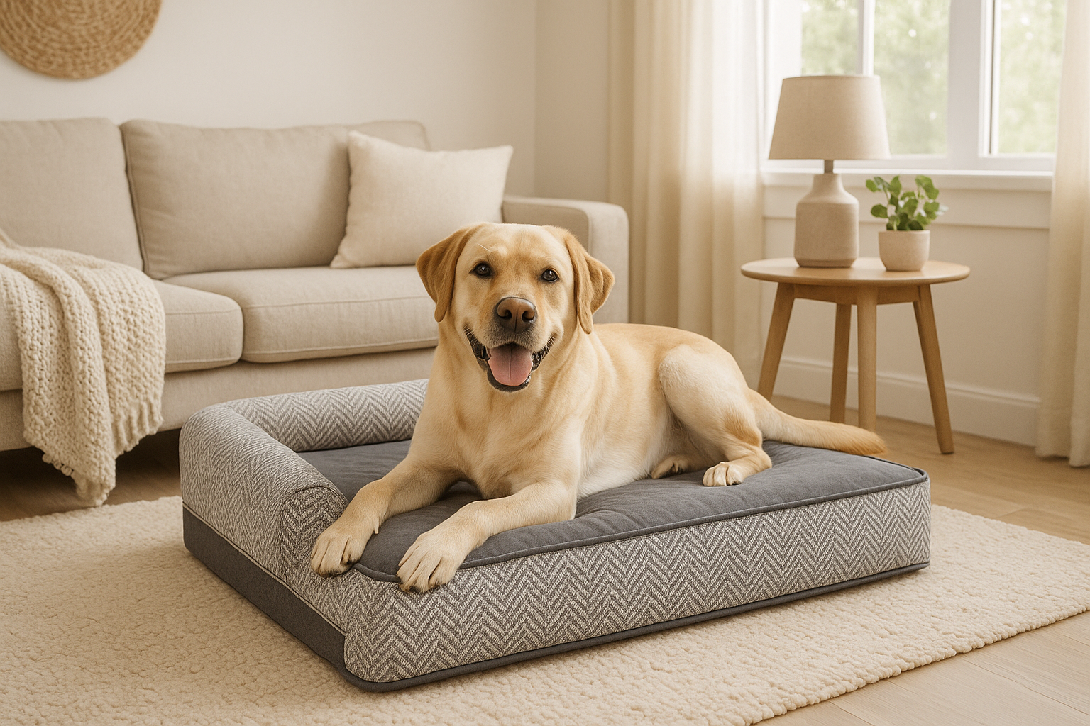 Tendências de Caminhas de Cachorro que Você Precisa Conhecer! 2 Labrador em cama ortopédica moderna