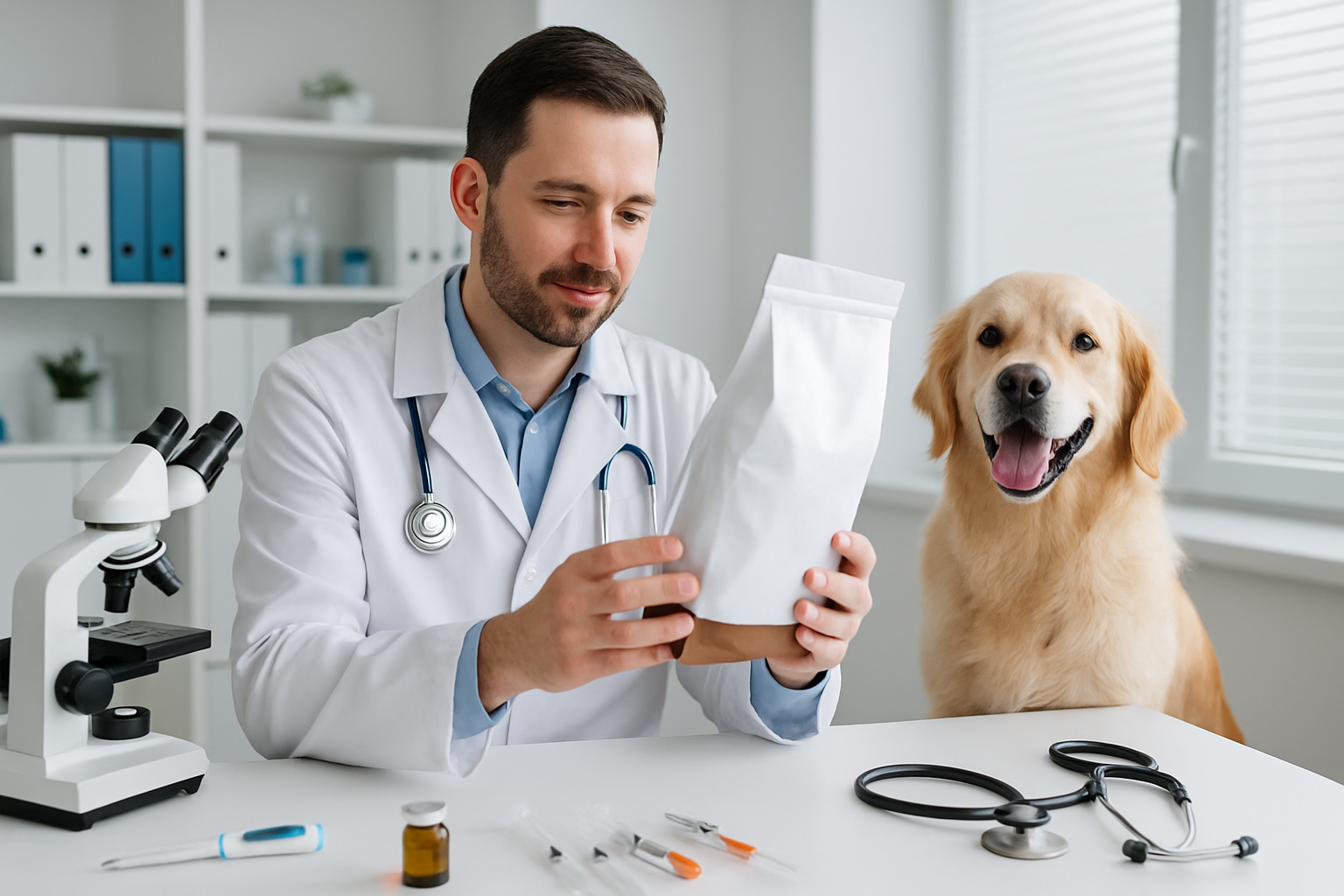 Um veterinário profissional em uma clínica moderna examina um saco de ração para cães, cercado por diversos instrumentos de saúde animal, com um cachorro feliz sentado ao lado. O ambiente é limpo e bem iluminado, transmitindo uma sensação de confiança e profissionalismo.
