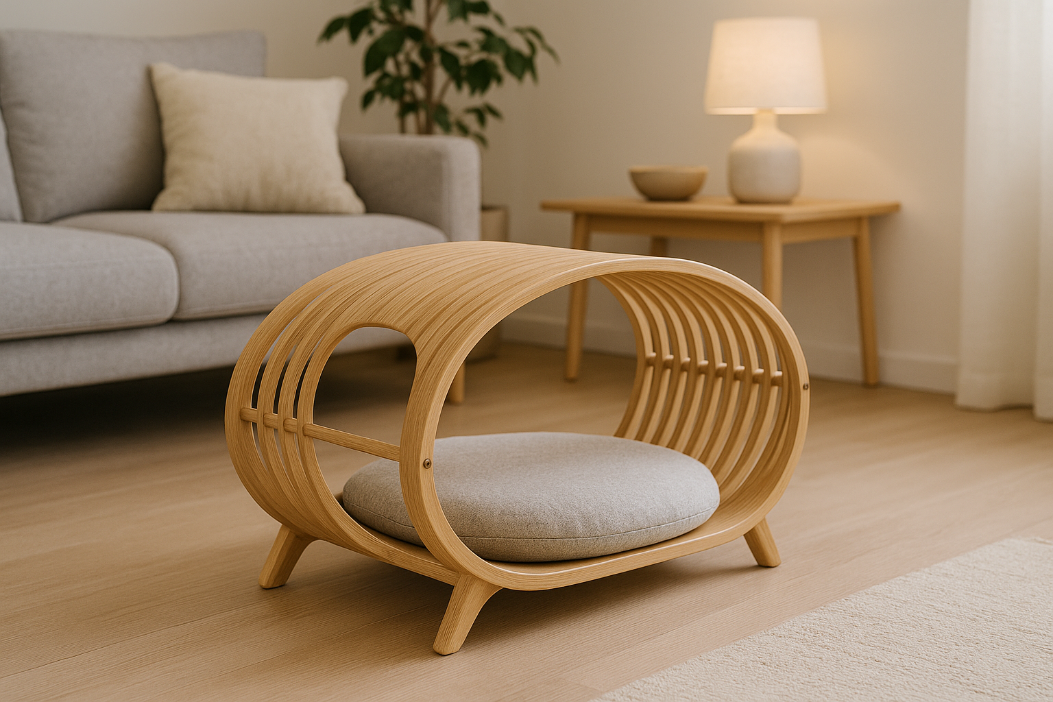 Uma cama moderna para gatos feita de bambu, com um design elegante e minimalista. A cama está localizada em uma sala de estar estilosa com decoração nórdica, iluminação suave e um ambiente tranquilo.