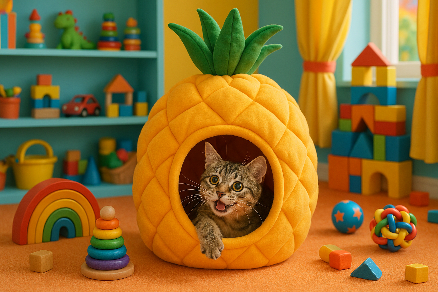 Uma caminha divertida em formato de abacaxi para gatos, com um gatinho brincalhão espiando de dentro. Ao fundo, um quarto de brinquedos vibrante e colorido, com diversos brinquedos espalhados, criando um ambiente convidativo e animado.