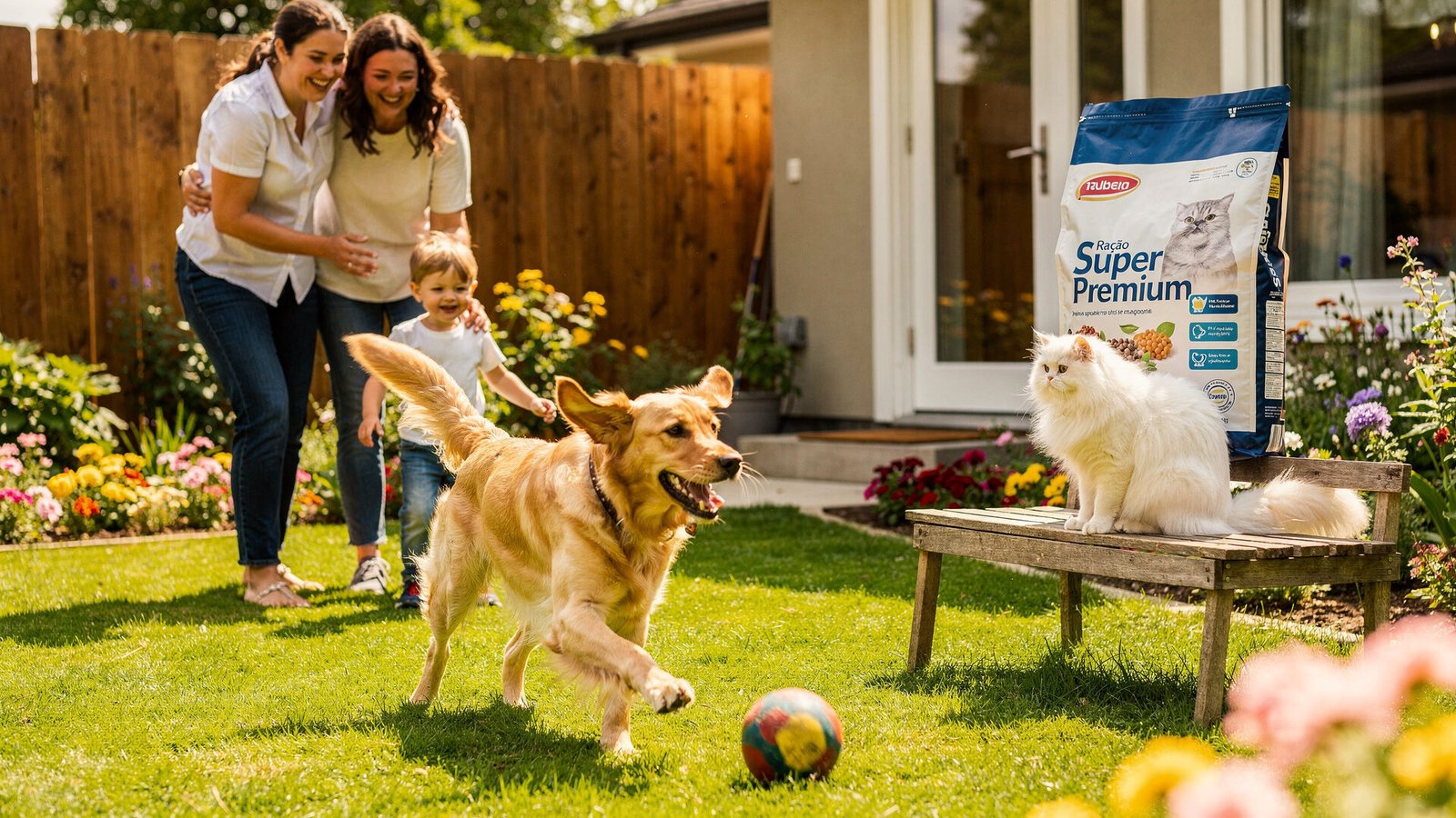 Família feliz brincando com seus pets, com saco de melhores rações para cachorro e gato ao fundo, ressaltando o impacto da nutrição no bem-estar familiar.