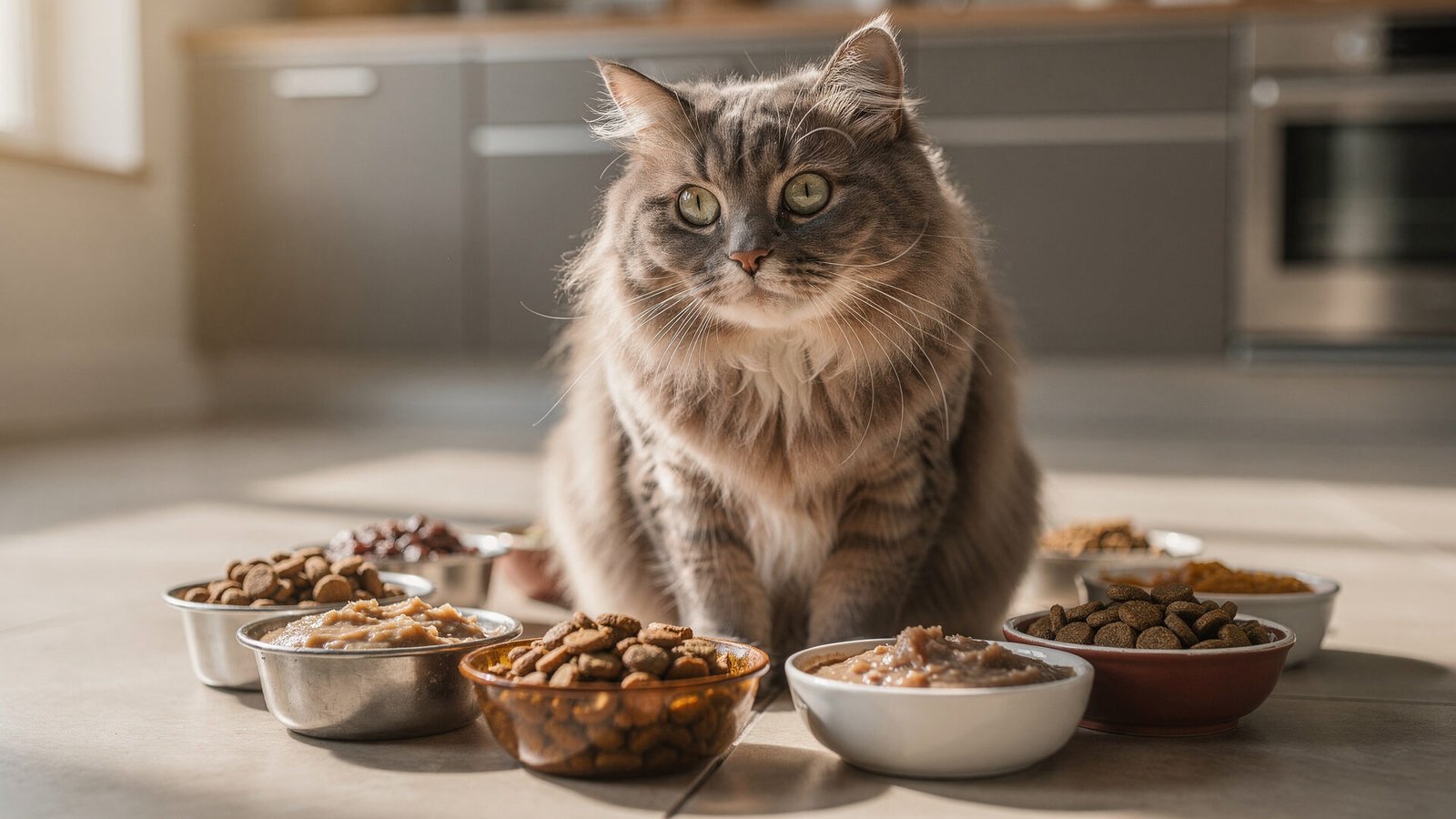 Como as Melhores Rações Estão Melhorando a Vida dos Gatos 2 Uma imagem de close-up de um gato doméstico adulto, pelo macio e olhos brilhantes, com várias tigelas de ração ao redor, cada uma contendo diferentes tipos de ração para gatos. O fundo deve mostrar uma cozinha moderna com luz suave entrando pela janela.