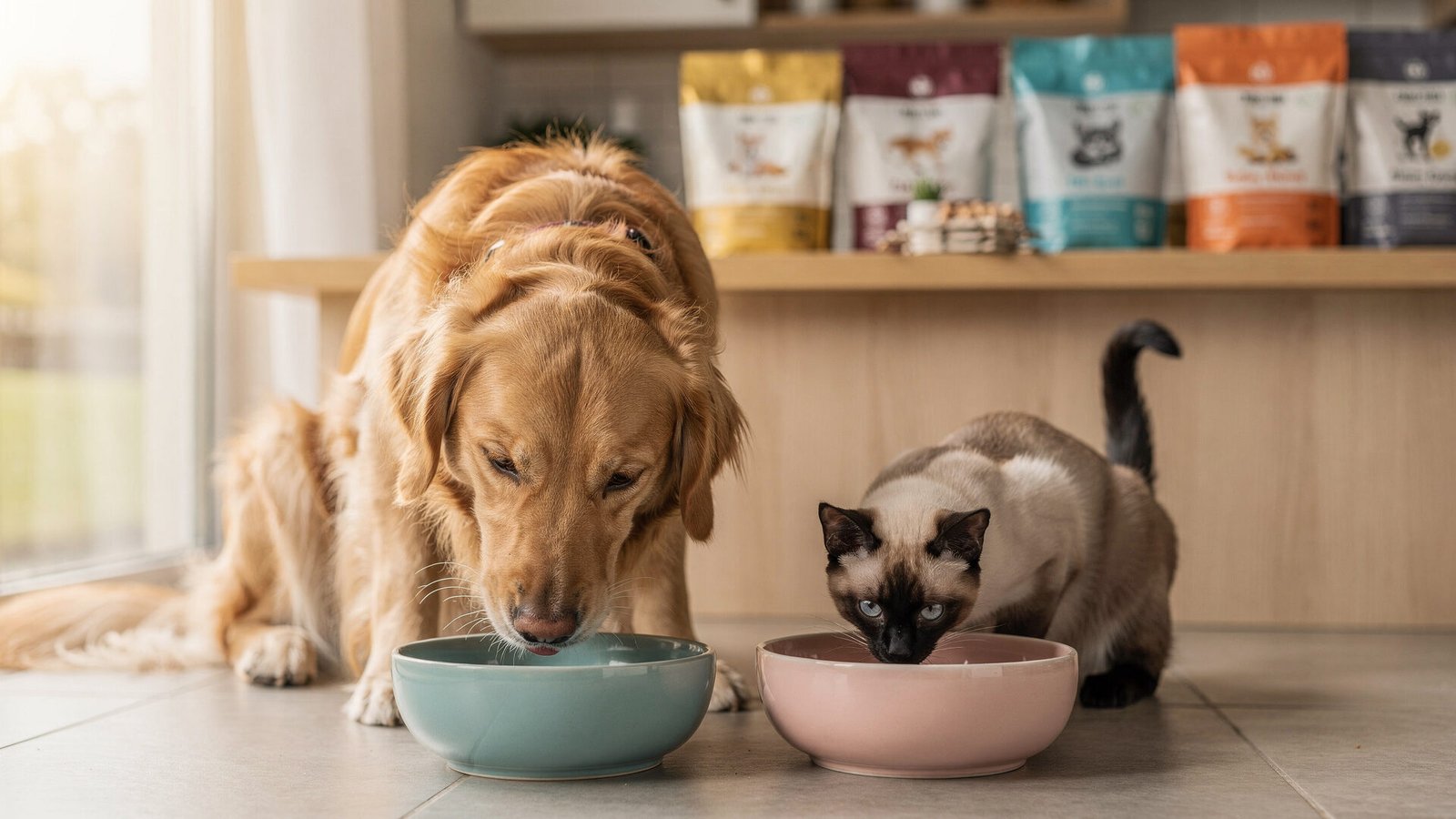 Uma imagem vibrante e calorosa de um golden retriever adulto e um gato siamês jovem comendo lado a lado em tigelas de cerâmica coloridas, ambos com expressões de satisfação. O ambiente é uma cozinha moderna e bem iluminada, com luz natural entrando por uma grande janela. No fundo, há um balcão de madeira clara com sacos de diferentes tipos de ração para cachorro e ração para gato empilhados de forma organizada, com etiquetas visíveis. A paleta de cores é suave e convidativa, com tons terrosos e pastéis. A iluminação é suave e uniforme, criando uma atmosfera acolhedora. A textura das tigelas é lisa e brilhante, contrastando com o pelo macio dos animais. Lente 50mm f/1.8, fotografia de estilo de vida, realismo