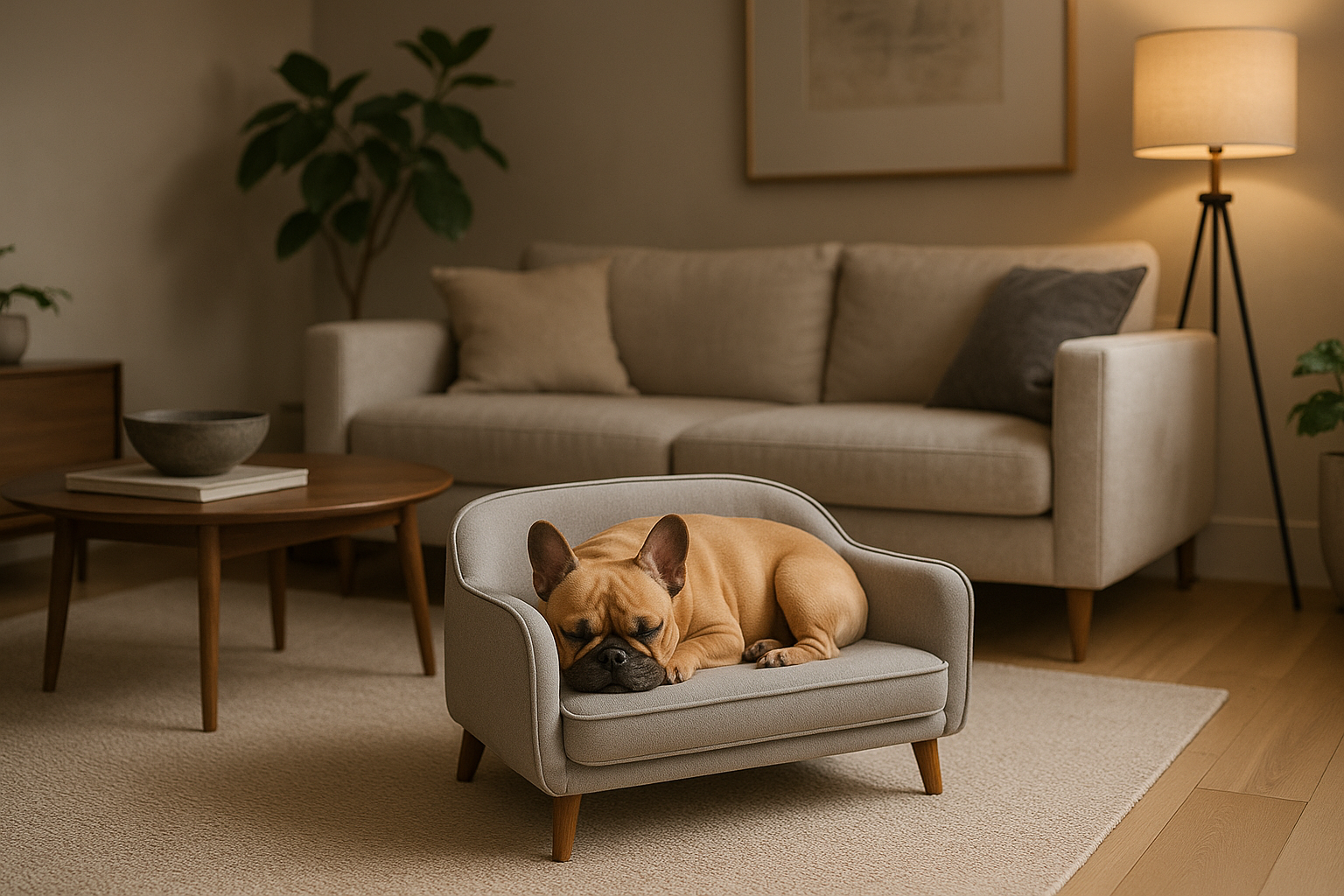 Tendências de Caminhas de Cachorro que Você Precisa Conhecer! 3 Uma sala de estar elegante com uma caminha de design para cães que lembra um mini sofá, onde um pequeno buldogue francês cochila confortavelmente. O ambiente é decorado com bom gosto, com móveis modernos e iluminação suave, que realçam a atmosfera aconchegante.