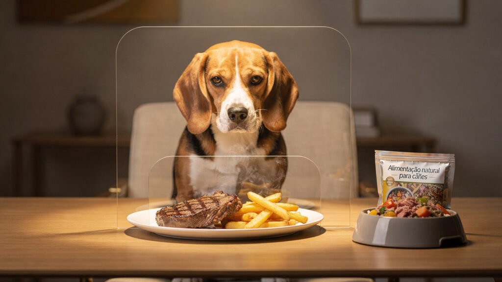 Cão da raça Beagle sentado de forma comportada em uma mesa de jantar diante de um prato saudável e um pacote de alimentação natural premium