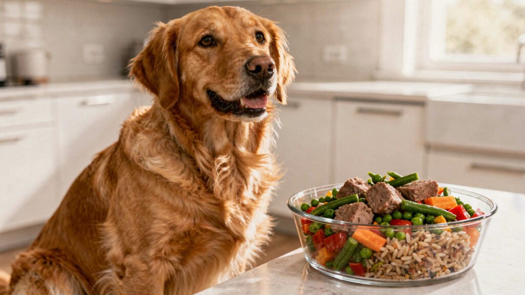 Pare de cometer erros! Como a alimentação correta do seu pet pode transformar a saúde e o humor dele. 2 Cão Golden Retriever feliz comendo comida natural para caes em uma cozinha iluminada