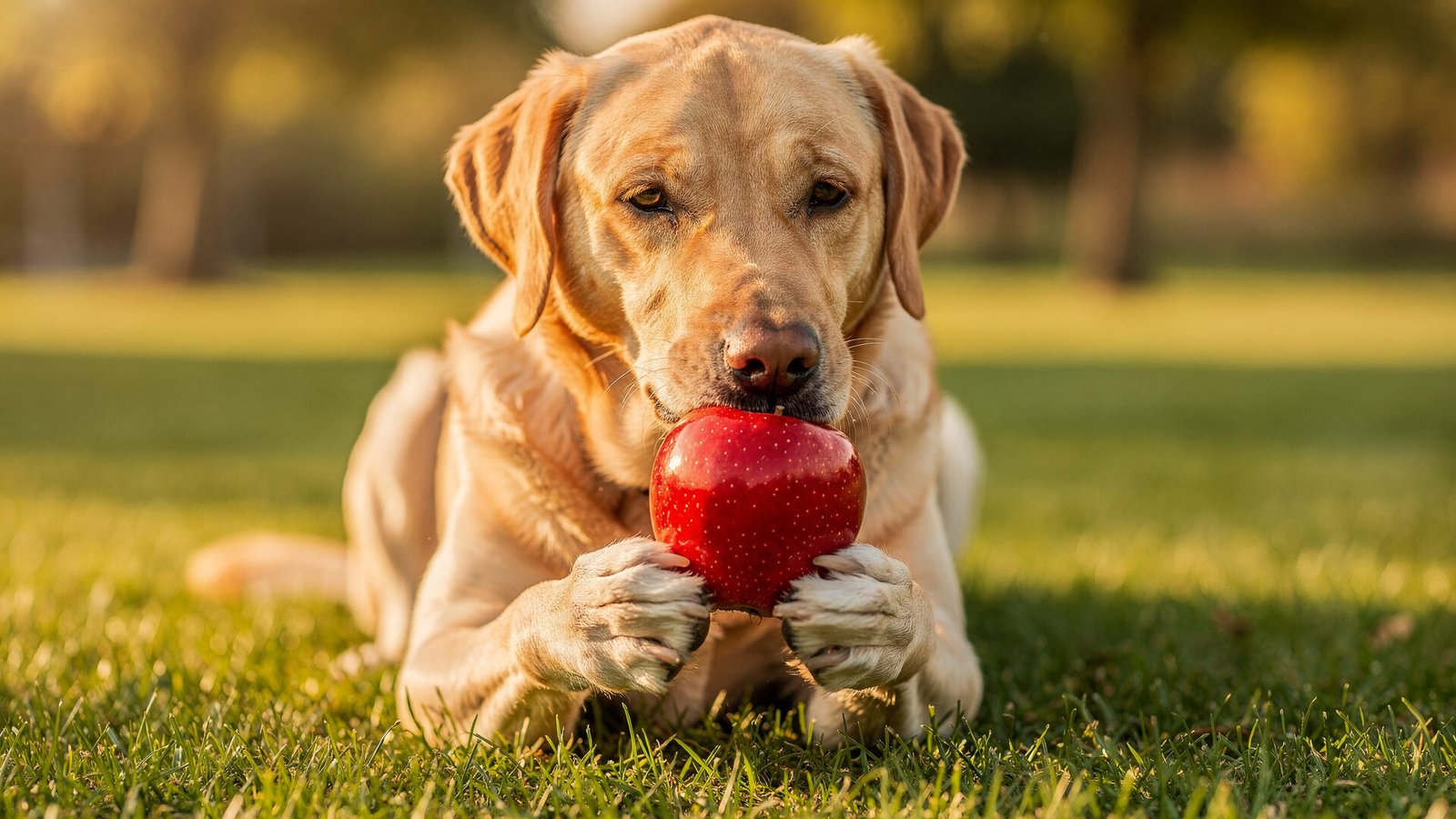 Transforme a Saúde do Seu Pet com Esta Nova Dieta Equilibrada 2 Um cão de raça Labrador, de médio porte, com pelagem dourada, está em um gramado verde, mordiscando uma maçã vermelha. O cenário é ensolarado, com árvores ao fundo, criando um efeito de bokeh. As cores são vivas e saturadas, com iluminação de Golden Hour, destacando o brilho da maçã e a textura macia do pelo do cão.