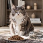 Gato Maine Coon majestoso ao lado de ração premium, em cenário luxuoso