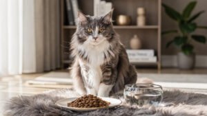 Gato Maine Coon majestoso ao lado de ração premium, em cenário luxuoso