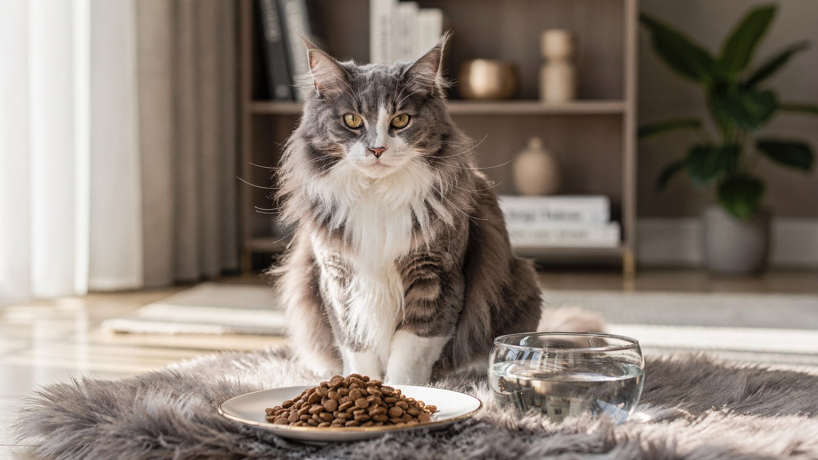 Meu gato come pouco? Saiba como identificar a quantidade de ração ideal para evitar problemas de saúde futuros. 1 Gato Maine Coon majestoso ao lado de ração premium, em cenário luxuoso