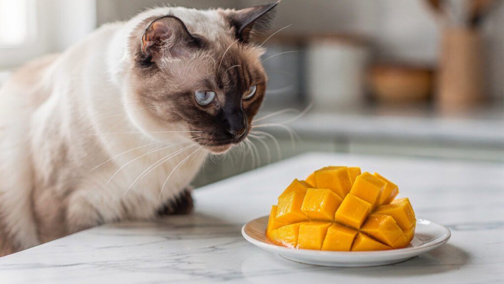 Meu gato come pouco? Saiba como identificar a quantidade de ração ideal para evitar problemas de saúde futuros. 3 Gato siamês observando pedaços de manga em um prato