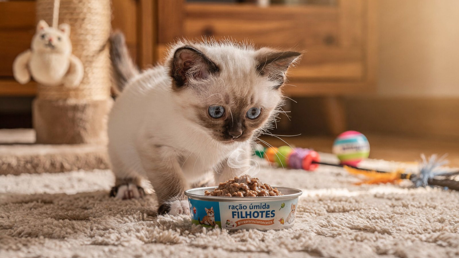 Pare de cometer erros! Como a alimentação correta do seu pet pode transformar a saúde e o humor dele. 3 Um gato siamês filhote, com olhos azuis expressivos e pelagem creme com pontos marrons, está curiosamente observando um pequeno pote de ração úmida específica para filhotes em um ambiente doméstico aconchegante. Ao fundo, um arranhador de gato e brinquedos diversos, com uma iluminação suave e quente que realça os tons da pelagem do gatinho. A atmosfera é de cuidado e conforto, com texturas de tapete macio e móveis de madeira em segundo plano. A foto é tirada com uma lente macro para focar nos detalhes do rosto do filhote e da ração, criando um bokeh suave no fundo.